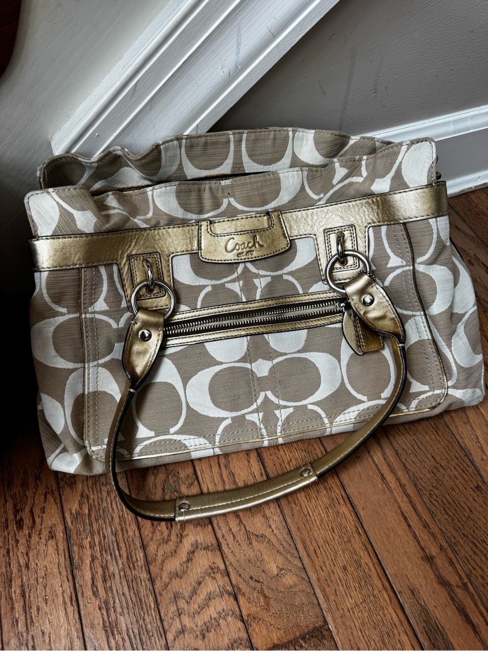 Coach Khaki and Metallic Gold Signature Tote